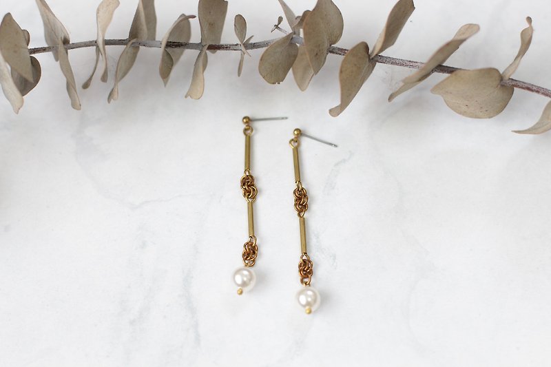 竹节式黄铜珍珠垂坠式耳环 - 耳环/耳夹 - 铜/黄铜 黄色