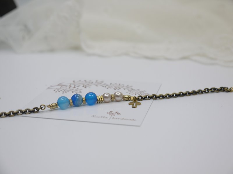 蓝条纹玛瑙 珍珠 十字黄铜手环 - 手链/手环 - 宝石 