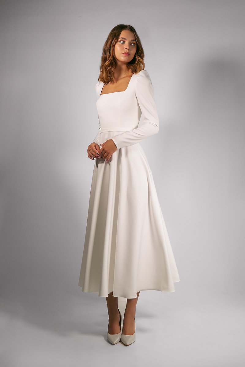 CAMILLA MIDI white dress cocktail dress wedding dress - 晚装/礼服 - 聚酯纤维 白色