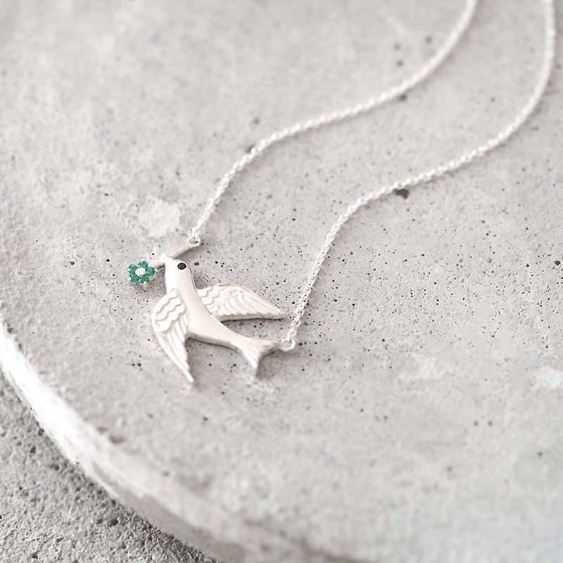 Flower Swallow Necklace Silver925 - 项链 - 其他金属 绿色