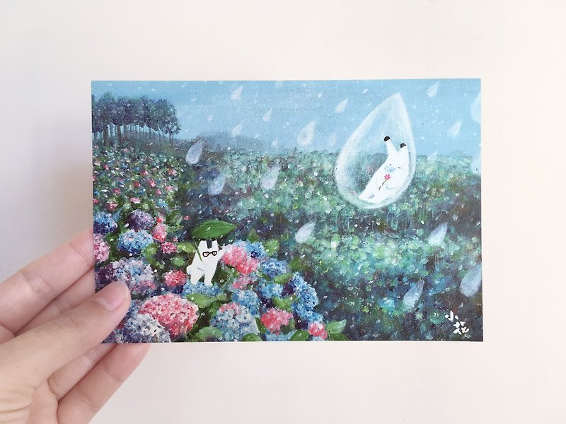日系小兔子綉花球插画卡片 明信片 - 卡片/明信片 - 纸 蓝色
