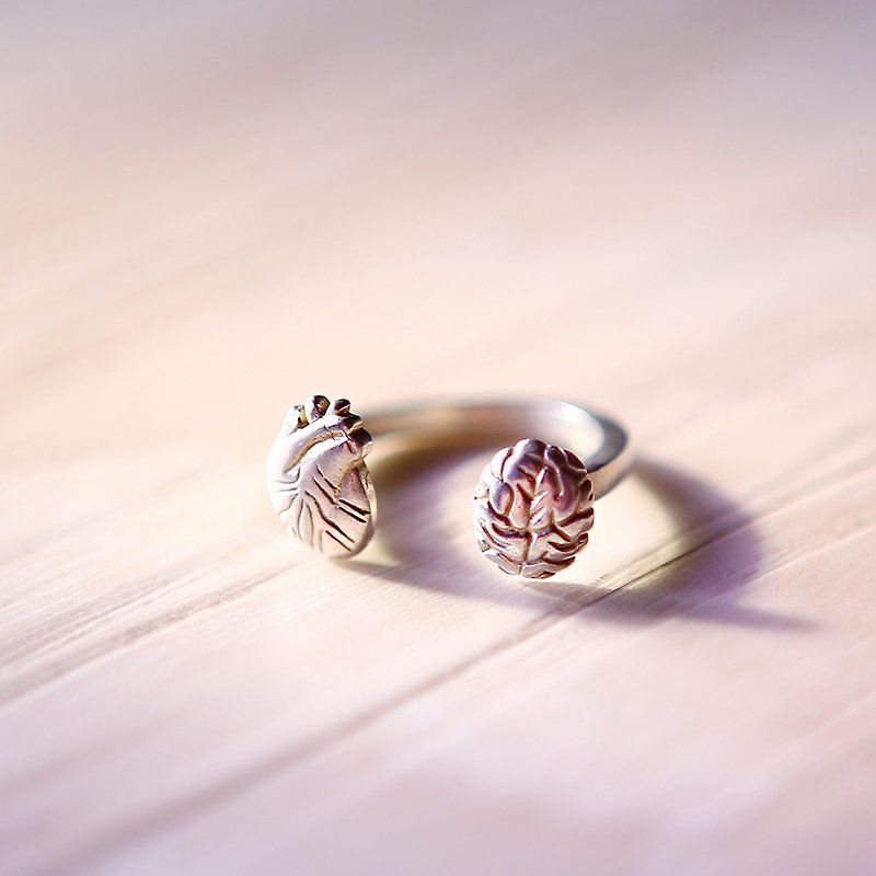Sterling Silver Anatomical Heart & Anatomical Brain Ring, Heart Ring, Brain Ring - 戒指 - 银 银色