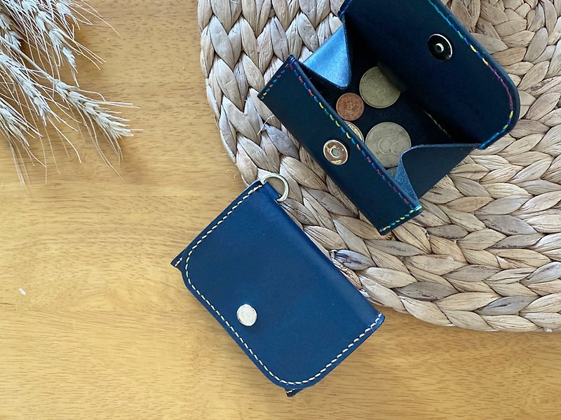 【Mini5】盒型开口零钱包 / 后可插卡 (蓝色) - 零钱包 - 真皮 