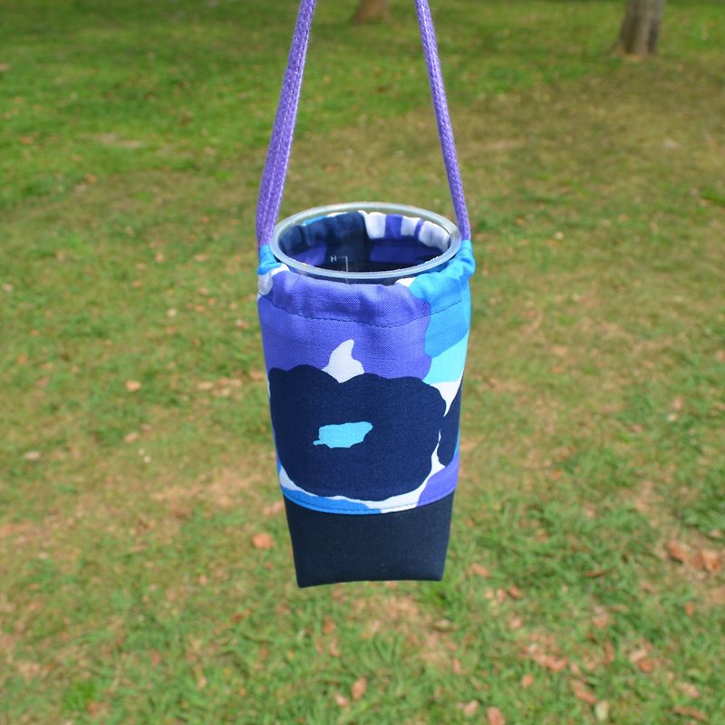 时尚花朵束口环保杯袋 饮料提袋 保温瓶提袋 手作 帆布 方便 - 随行杯提袋/水壶袋 - 棉．麻 蓝色