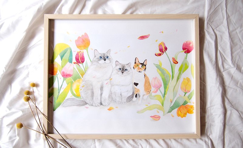 定制化 宠物 花卉 手绘 水彩 插画 - 大尺寸 全身含框 - 订制画像 - 纸 多色