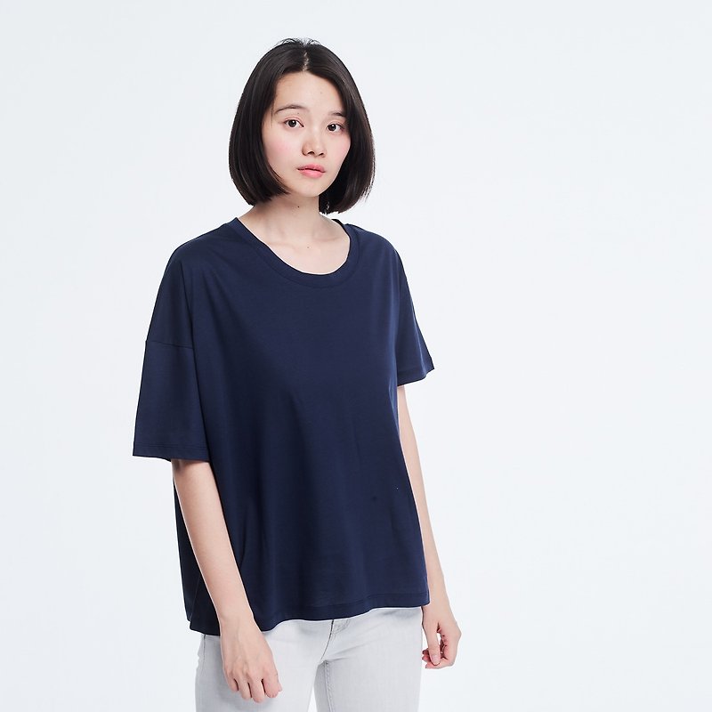 珠光棉不對稱TEE/深藍 - 女装 T 恤 - 棉．麻 蓝色