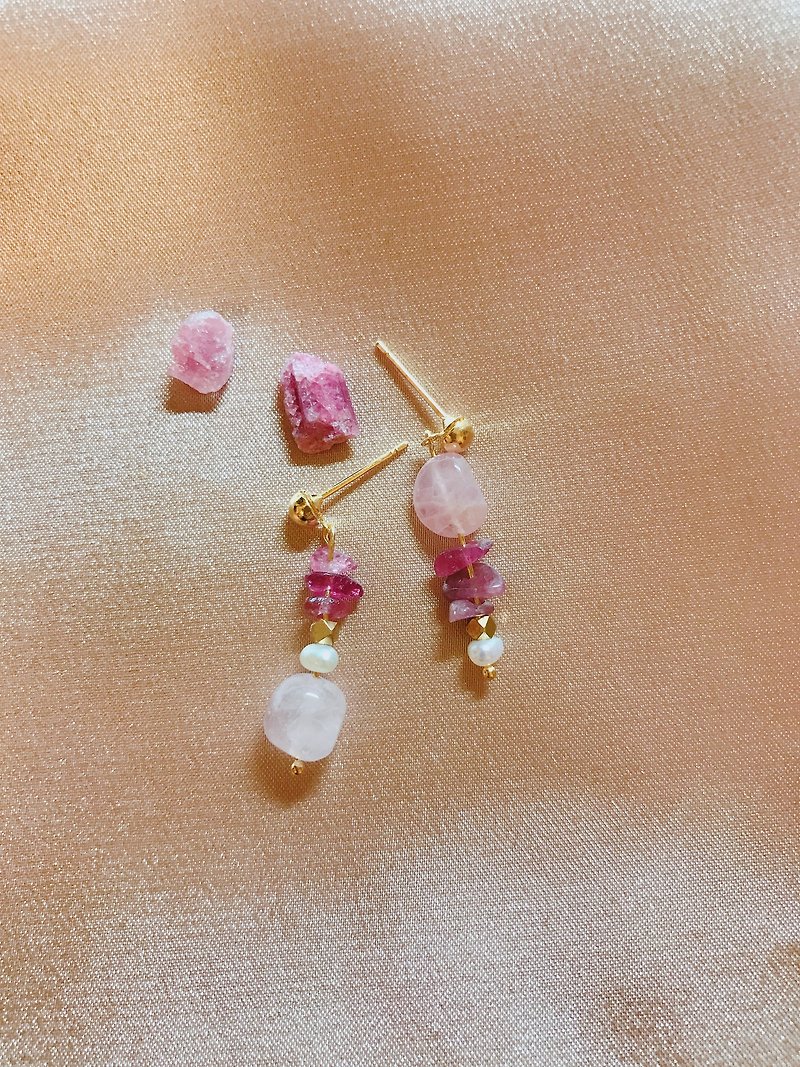 粉晶粉红碧玺珍珠耳环 - 耳环/耳夹 - 宝石 