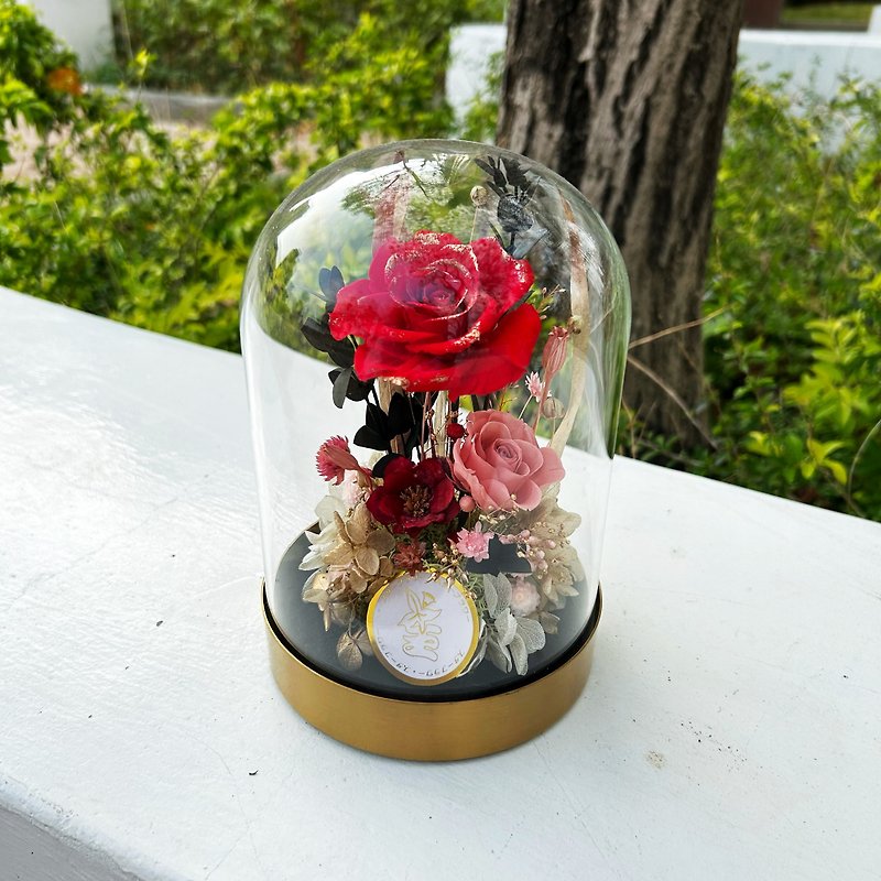永生金属玻璃花盅 永生玻璃盅 永生玫瑰 镶金永生玫瑰 - 干燥花/捧花 - 植物．花 红色