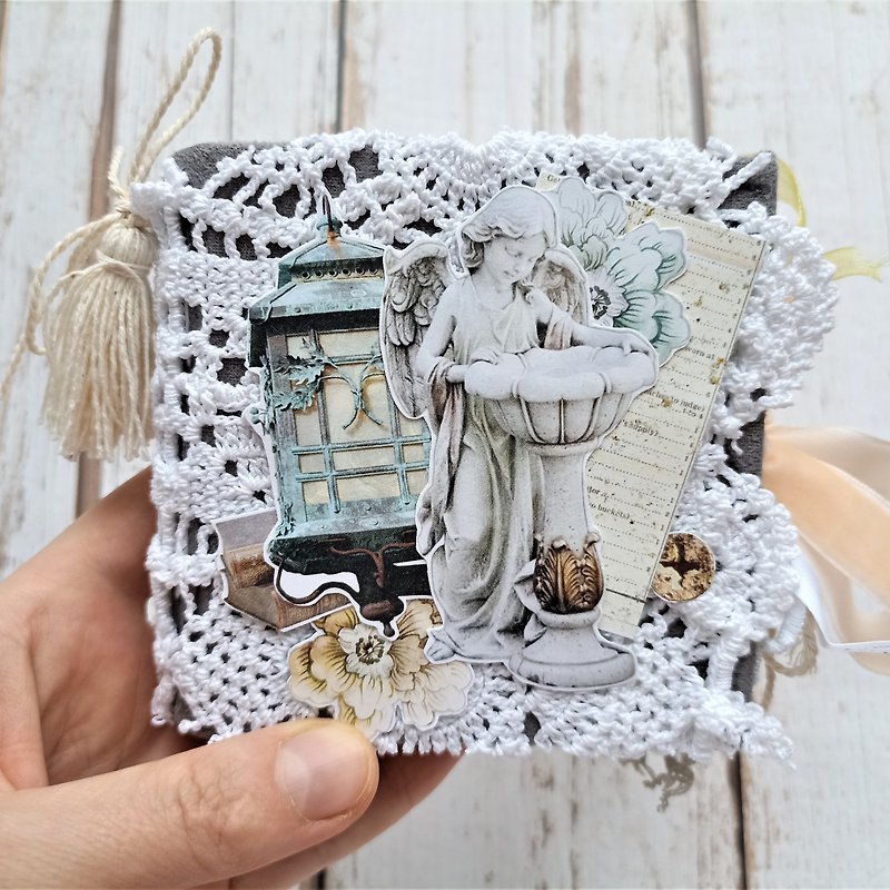 Vintage junk journal handmade Lace angel Tiny mint diary for sale homemade blank - 笔记本/手帐 - 纸 白色