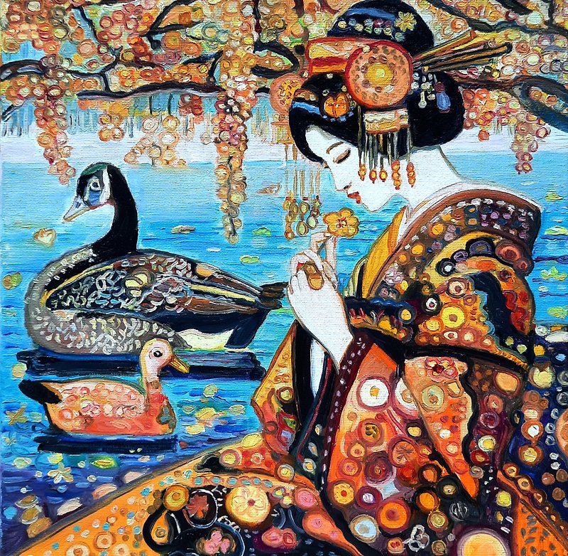 原画 The Geisha with ducks 绘画 原创艺术 油画 布面油画 - 墙贴/壁贴 - 其他材质 蓝色