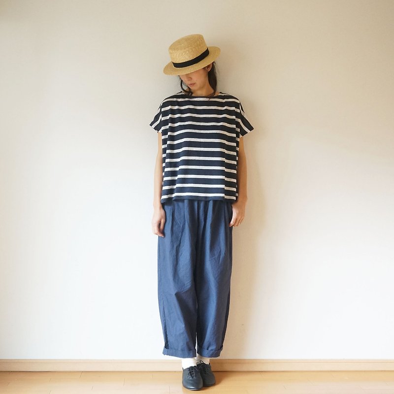 Linen cut-sew - 女装 T 恤 - 棉．麻 蓝色