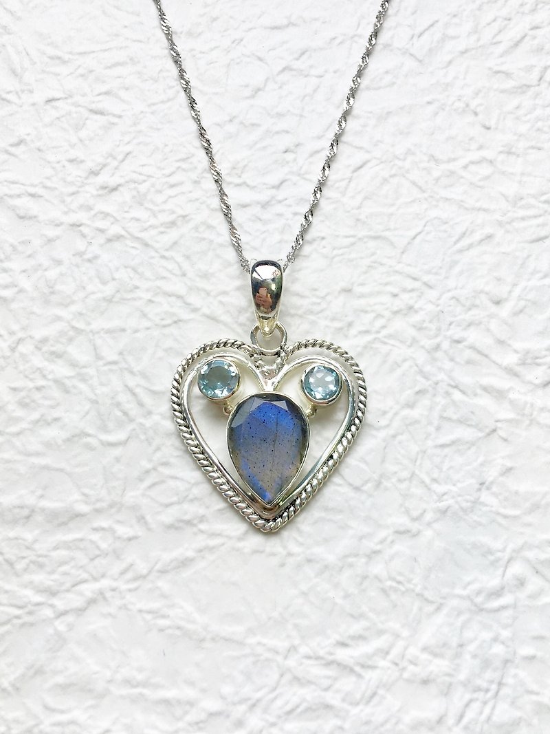拉长石925纯银米奇爱心项链 印度手工镶嵌制作 - 项链 - 宝石 蓝色