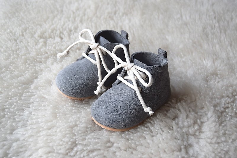 灰色真皮绑带婴儿短靴 婴儿鞋 满月礼物 弥月礼 学步鞋 童鞋 - 童装鞋 - 真皮 灰色