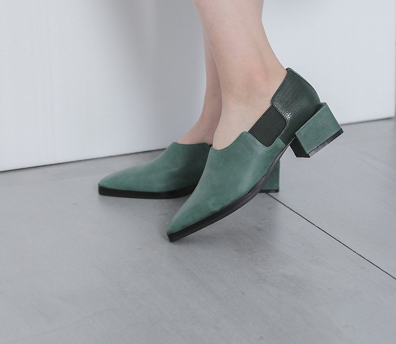 极简侧边绷带 方块粗跟鞋 绿 - 女款皮鞋 - 真皮 绿色