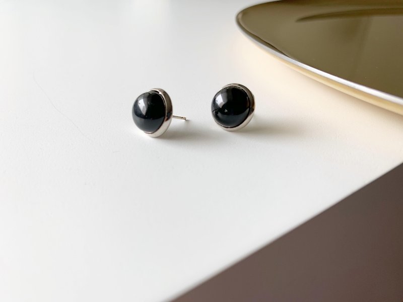 天然石圆耳环  黑玛瑙复古耳环 - 耳环/耳夹 - 宝石 黑色