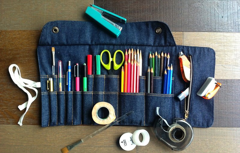 丹宁工具收纳绻 | 深蓝 - 铅笔盒/笔袋 - 棉．麻 蓝色