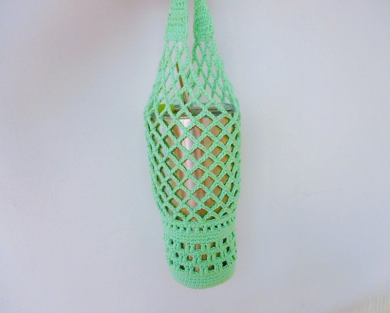 水绿篓空手钩编织包 水壶袋 环保袋 - 随行杯提袋/水壶袋 - 棉．麻 绿色