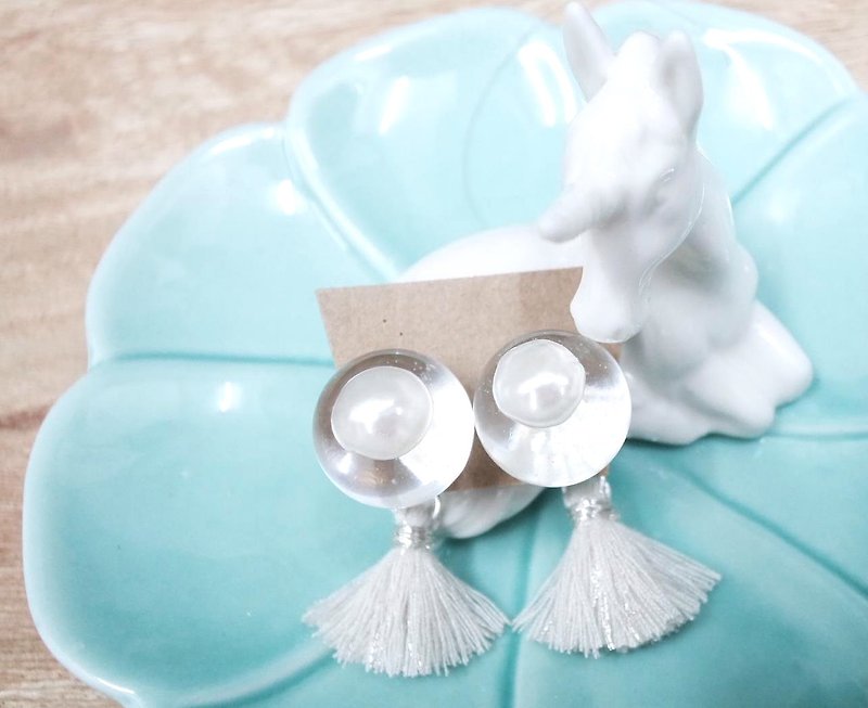 天然淡水珍珠 透明水晶球 (银白色) 流苏 925纯银 耳环 - 耳环/耳夹 - 其他材质 白色