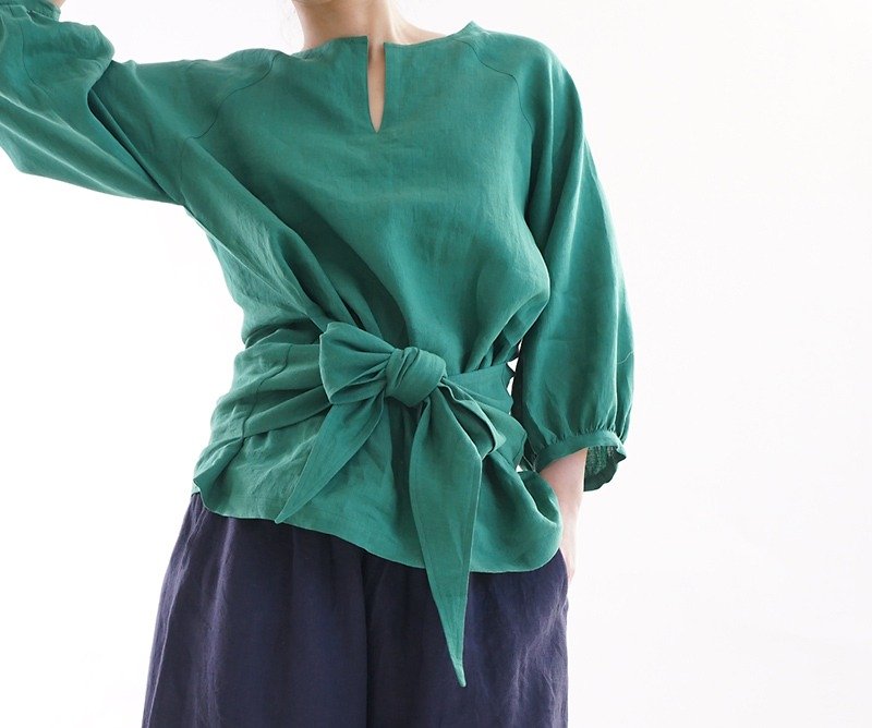 雅亜麻リネン ウエストリボンのラグラントップス  / 常盤緑 t13-4 - 女装上衣 - 棉．麻 绿色