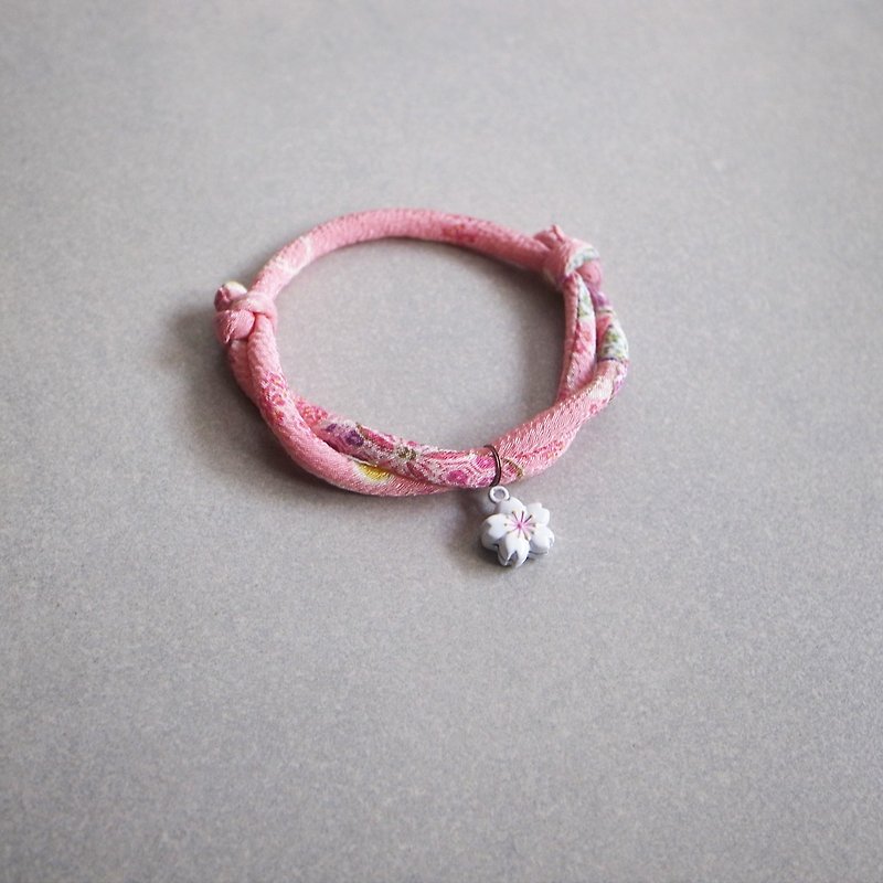 日本和布猫狗项圈(可调式)--粉樱+白樱花铃铛 - 项圈/牵绳 - 丝．绢 粉红色
