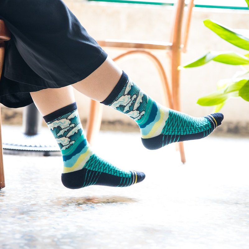 【小创袜】 海波浪2 东洋 浮世绘 海浪 日式 长筒袜 环保袜 白绿 - 袜子 - 棉．麻 绿色