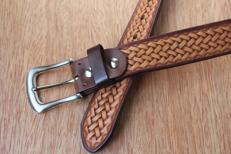 【Mini5】手工雕刻编织皮带(焦茶边) - 腰带/皮带 - 真皮 