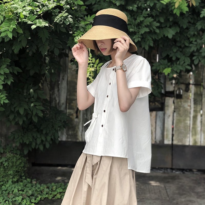 日系圆领短袖衬衫|衬衫|棉|独立品牌|Sora-155 - 女装衬衫 - 棉．麻 白色