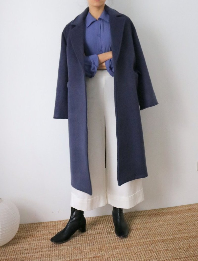Reiko Coat - Rusty Blue 铁灰蓝大翻领羊毛绑带大衣 多色订做 - 女装休闲/机能外套 - 羊毛 蓝色