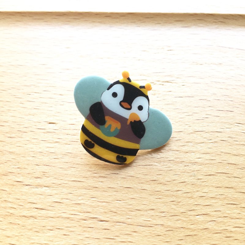 Oops bear - 贪吃的小蜜蜂企鹅胸针 - 胸针 - 塑料 黄色