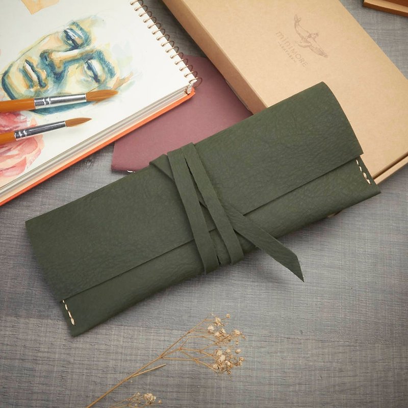 皮革笔套/皮革铅笔/笔套/铅笔套/袖套/多袋套棕色/固定袖/绿色套 - 铅笔盒/笔袋 - 真皮 绿色