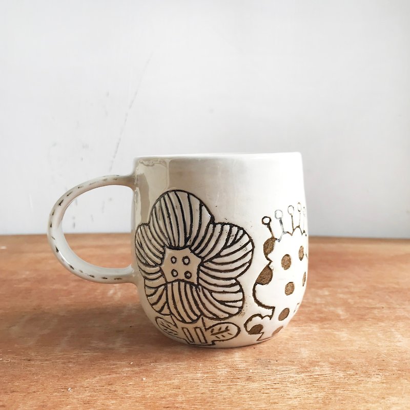 花花 刻线 白 刻 陶 咖啡杯 手把杯 - 茶具/茶杯 - 陶 白色