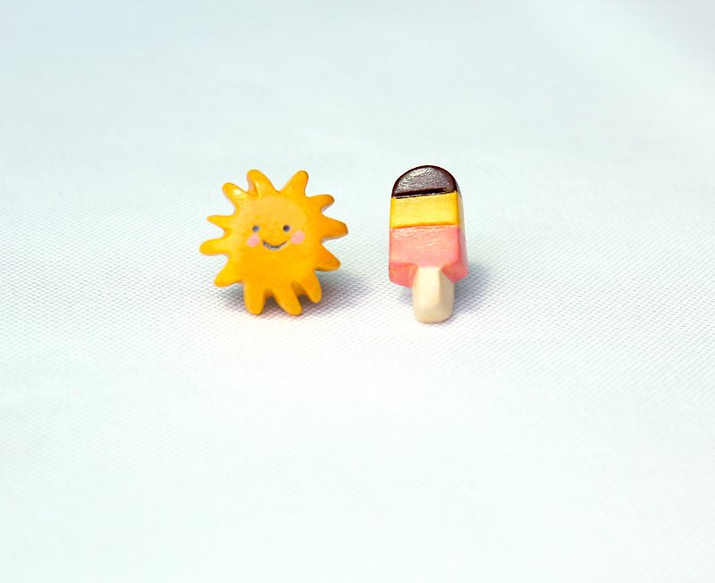 夏日 "太阳x冰棒(粉红)" 耳环 - 耳环/耳夹 - 粘土 黄色