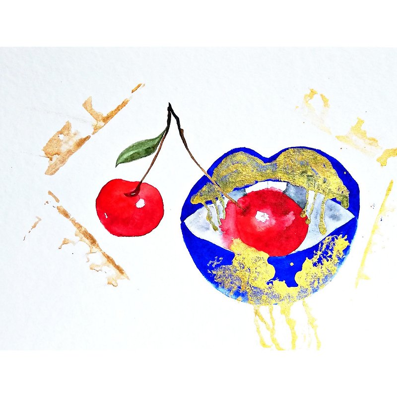 Watercolor Original Art Cherry Painting Fruit Artwork Lips Room Decor Painting - 海报/装饰画/版画 - 纸 多色
