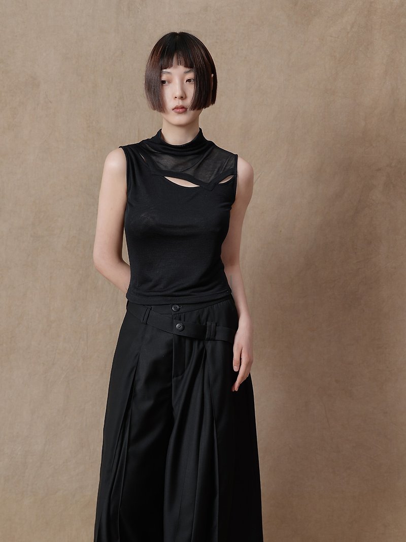 原创设计无袖堆堆领半透镂空针织打底衫 - 女装背心 - 其他材质 黑色