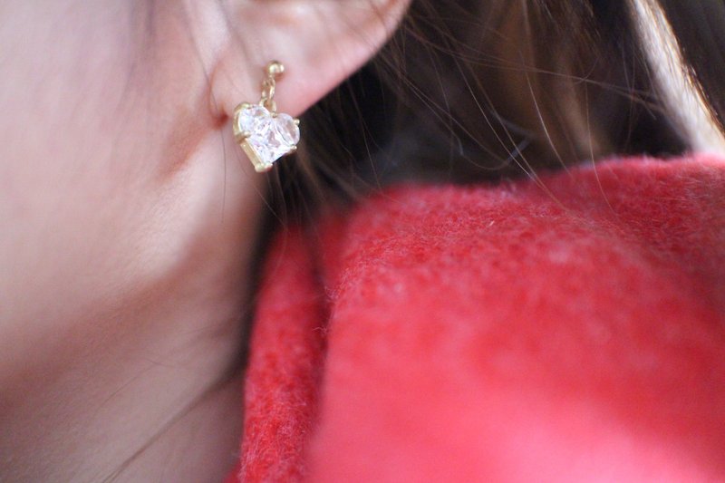 小心心-爱心锆石 黄铜耳环--耳针 耳夹 - 耳环/耳夹 - 其他金属 