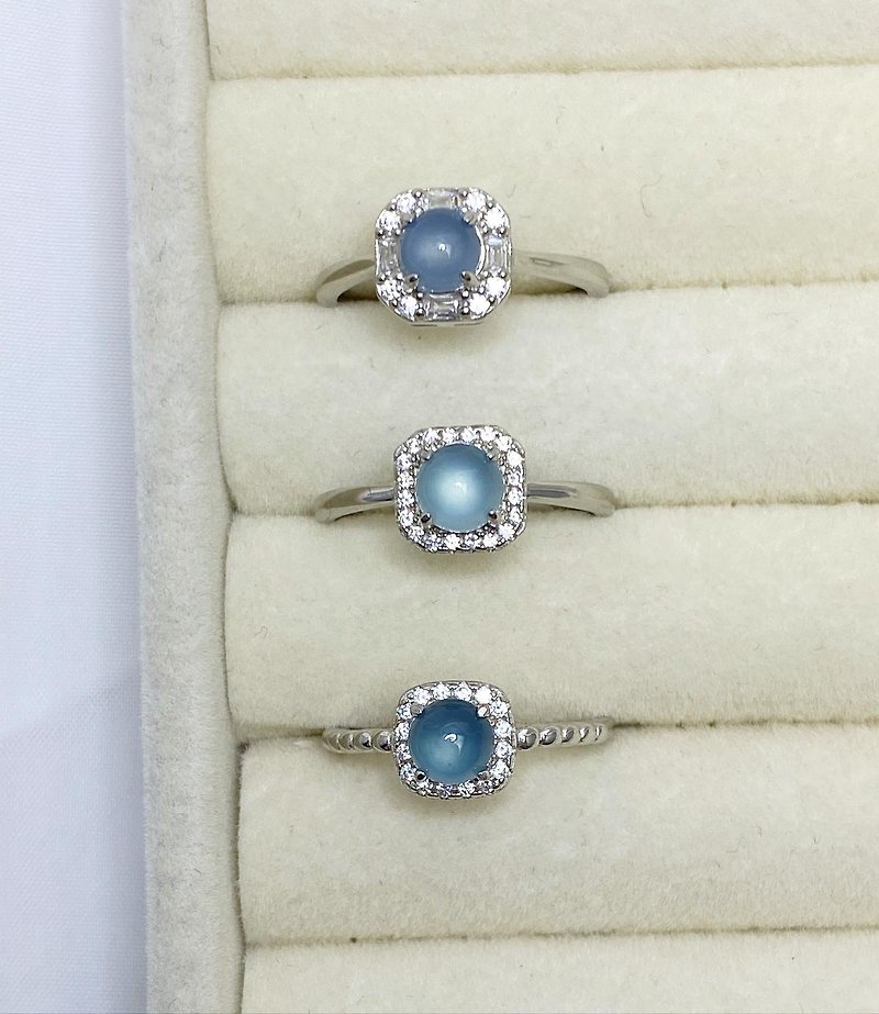 天然缅甸翡翠A货蓝色系蛋面方形纯银设计款戒指 - 戒指 - 贵金属 蓝色