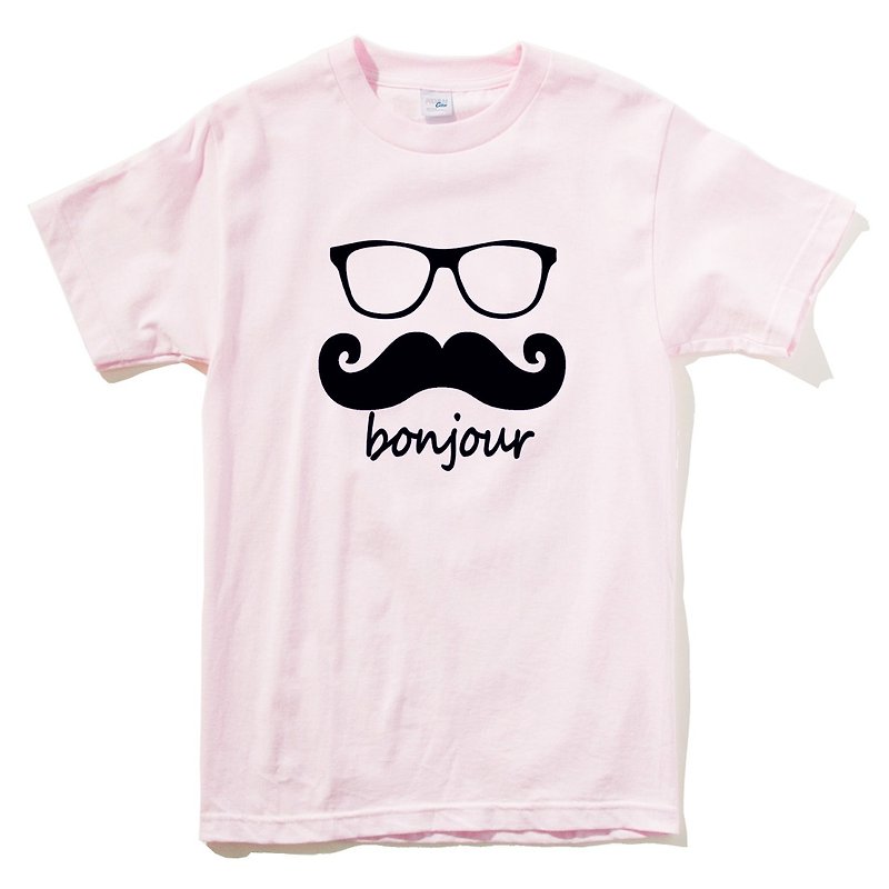 bonjour 男女短袖T恤 浅粉色 法国 胡子 胡须 复古 眼镜 文青 - 女装 T 恤 - 棉．麻 粉红色
