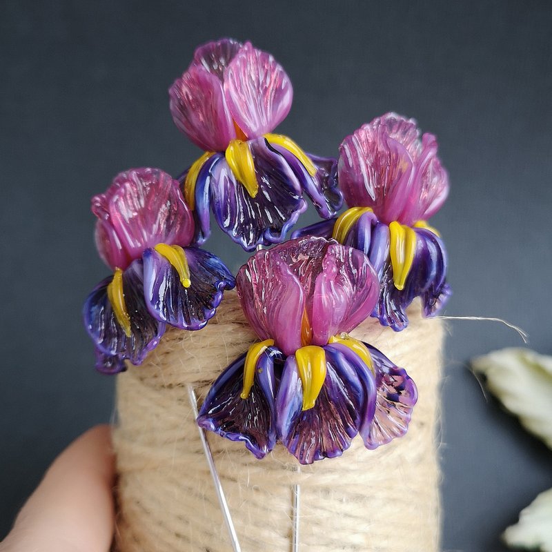 Iris Flower Bead, 1 pcs Lampwork Glass 3D Flower Iris Beads, 25x27 mm - 陶艺 - 玻璃 紫色