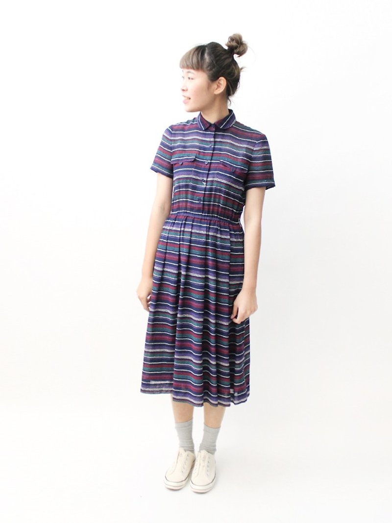 【RE0322D1013】日本制简约复古蓝紫色条纹春夏古着洋装 - 洋装/连衣裙 - 聚酯纤维 蓝色