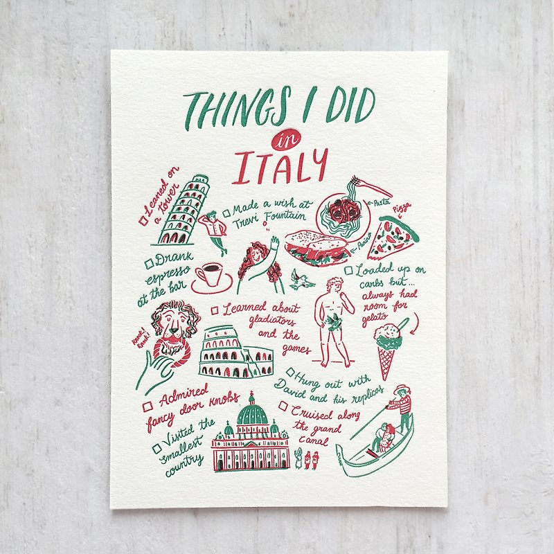 Things I Did in Italy Letterpress Postcard - 卡片/明信片 - 纸 