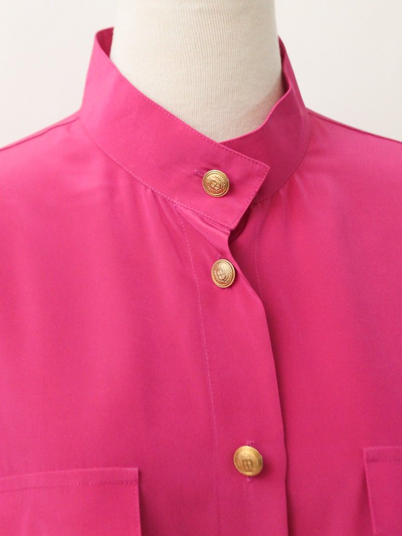 复古欧洲春天纯色桃红色简约宽松长袖古着衬衫 - 女装衬衫 - 聚酯纤维 粉红色