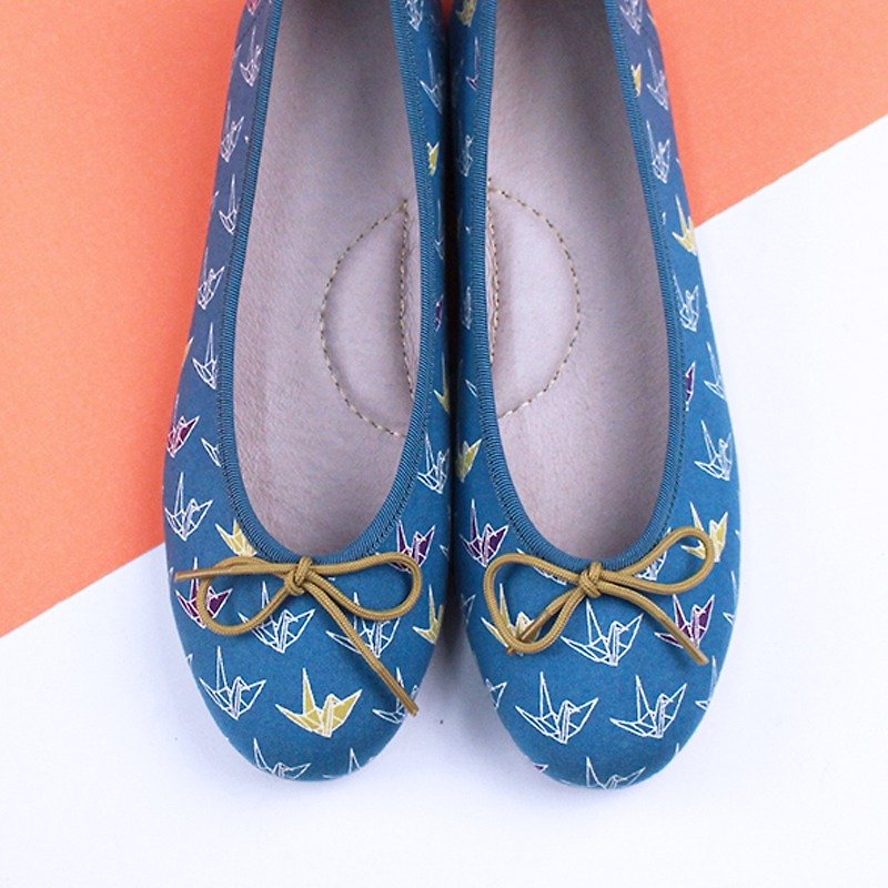 【现货】欧规36.38 Shoes Party蓝色千纸鹤芭蕾舞鞋 /手工订制/日本布料 - 女款休闲鞋 - 棉．麻 