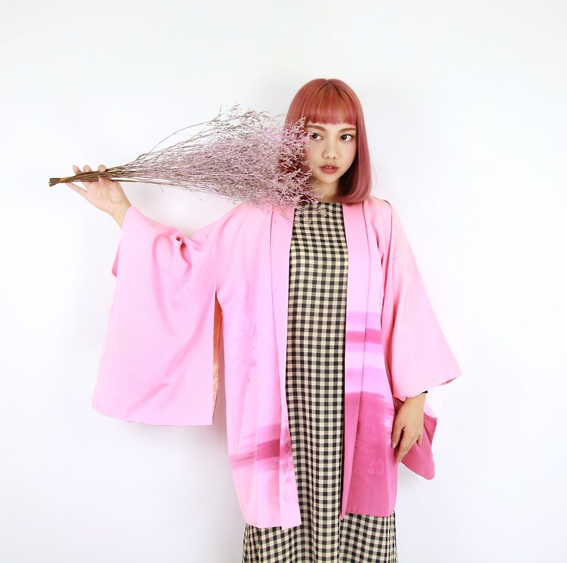 Back to Green-日本带回羽织和服 粉色 刷感渐层 /vintage kimono - 女装休闲/机能外套 - 丝．绢 