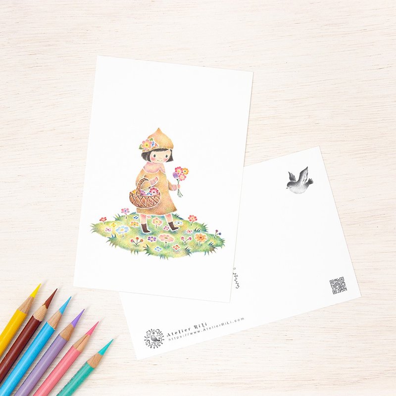 5枚セット。絵本のような。ポストカード "花をつんでる女の子のセラ" PC-305 - 卡片/明信片 - 纸 粉红色