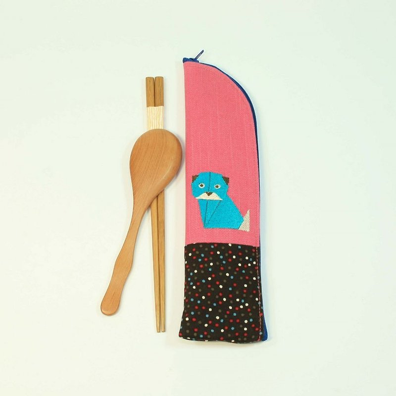 刺绣 筷袋02-狗 - 筷子/筷架 - 棉．麻 粉红色