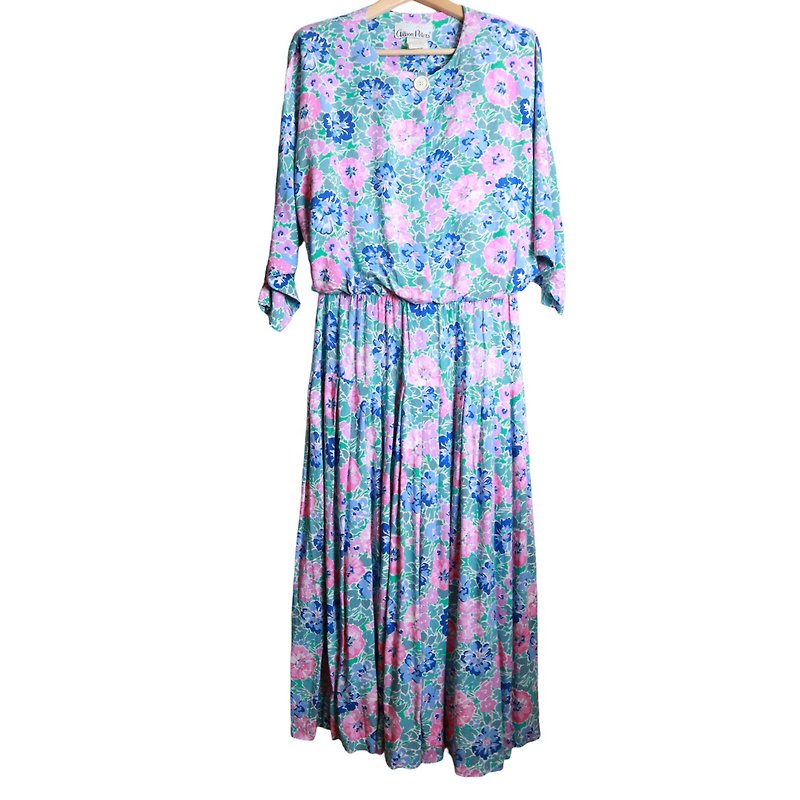 1980s 美国制 嫘萦蓝色碎花古董洋装 美国洋装 - 洋装/连衣裙 - 其他人造纤维 蓝色