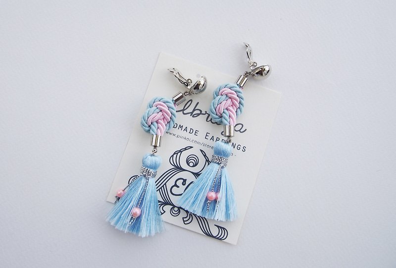 Blue & Blush pink heart knotted rope with blue tassel earrings - 耳环/耳夹 - 其他材质 蓝色