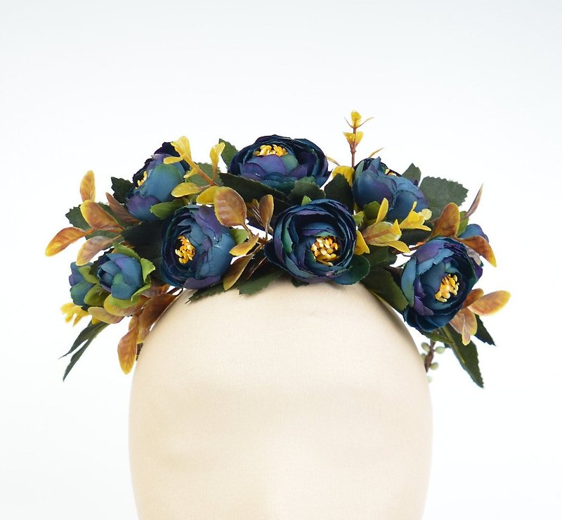 Flower Crown Boho Garland Festival Headpiece in Dark Blue with Silk Flowers - 发饰 - 其他材质 蓝色