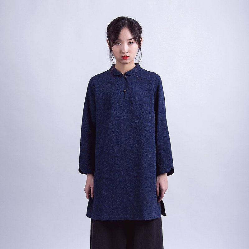 新中式蓝色提花中长衬衫 - 女装上衣 - 棉．麻 