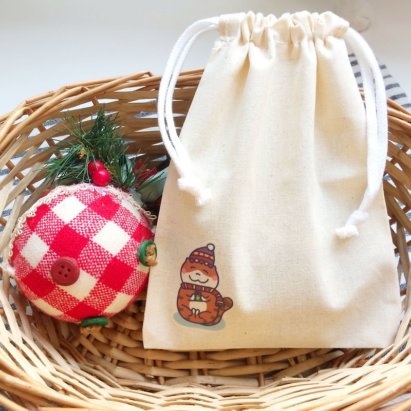 圣诞猫の日常 帆布束口袋 手工印制 Drawstring bag (圣诞礼物) - 化妆包/杂物包 - 棉．麻 红色